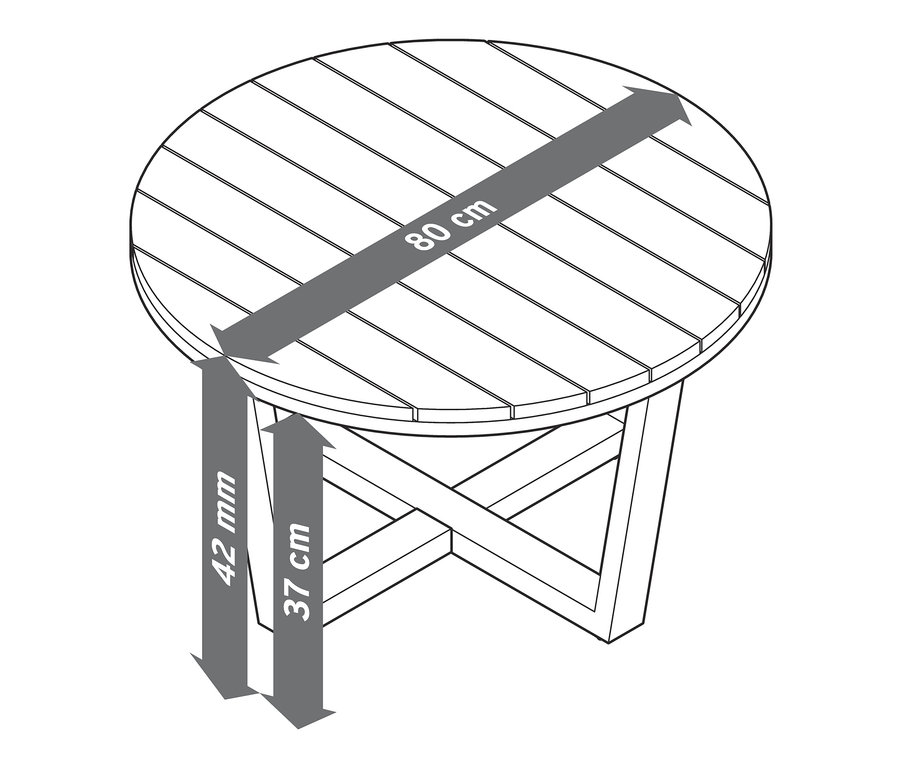 Skizze eines Gartentisches mit 80 cm Durchmesser und 37 cm Höhe.