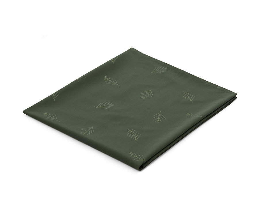 Eine grüne Jacquard-Tischdecke mit Nadelbaum-Motiv.