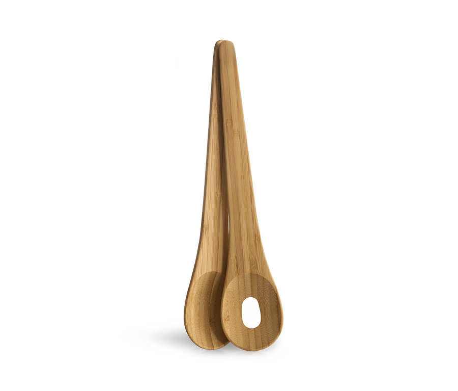 Ein Salatbesteck aus Bambus, bestehend aus zwei Löffeln.