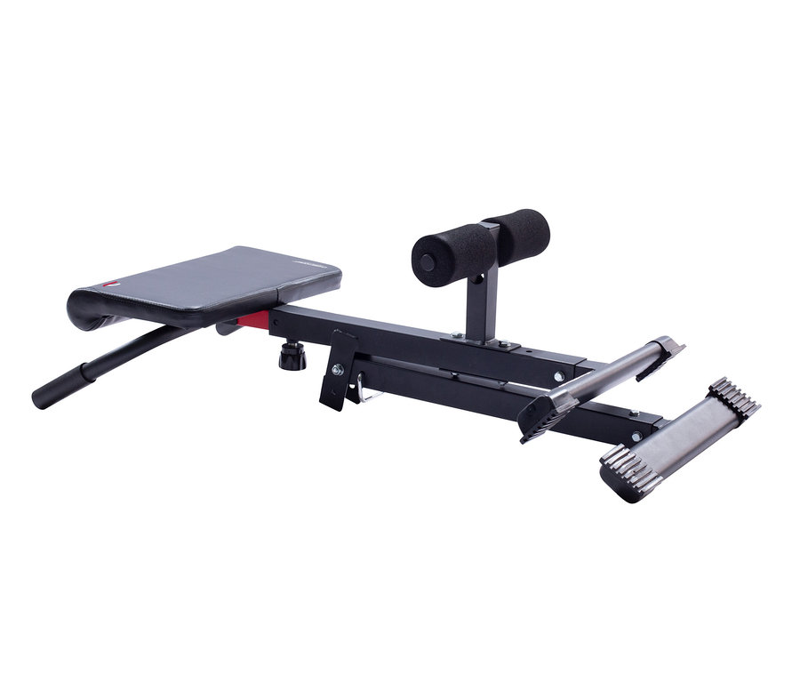 Ein schwarz-graues Bauch- und Rückentrainingsgerät mit Sitz und Schaumstoffrollen.