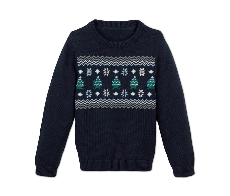 Blauer Strickpullover mit Weihnachtsmotiv.