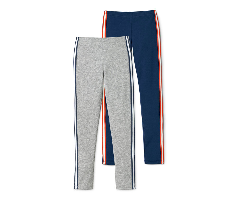 Zwei Leggings: eine graue und eine dunkelblaue, beide mit Seitenstreifen.