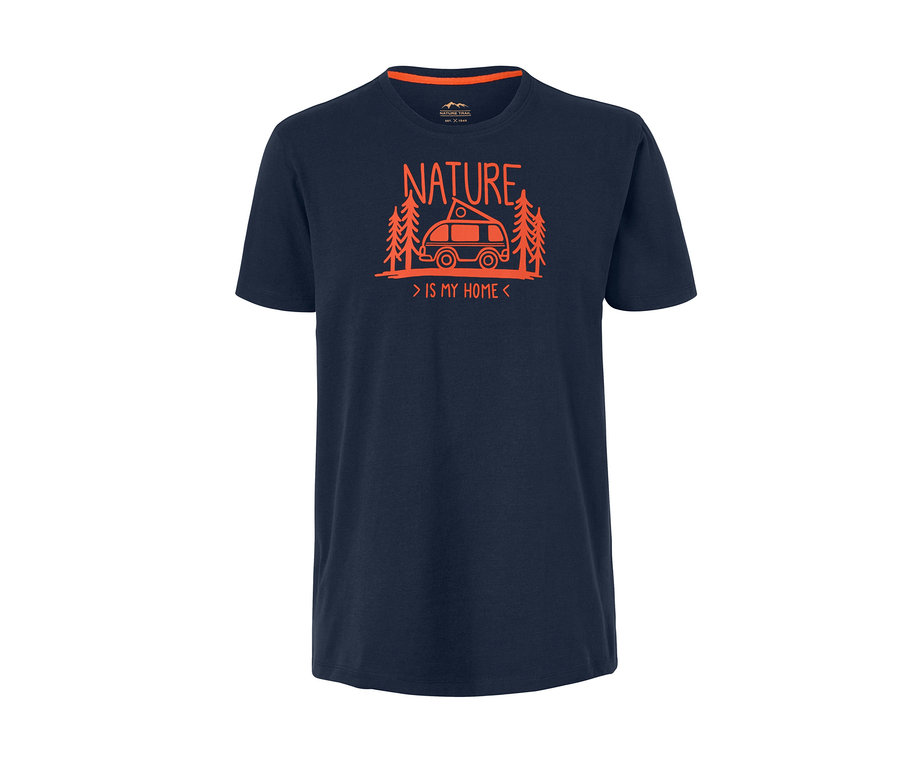 Marineblaues Funktions-T-Shirt mit orangefarbenem Camping-Motiv.