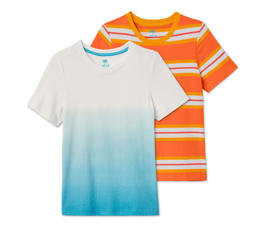 Zwei T-Shirts: ein weißes mit blauem Farbverlauf, ein orange gestreiftes.