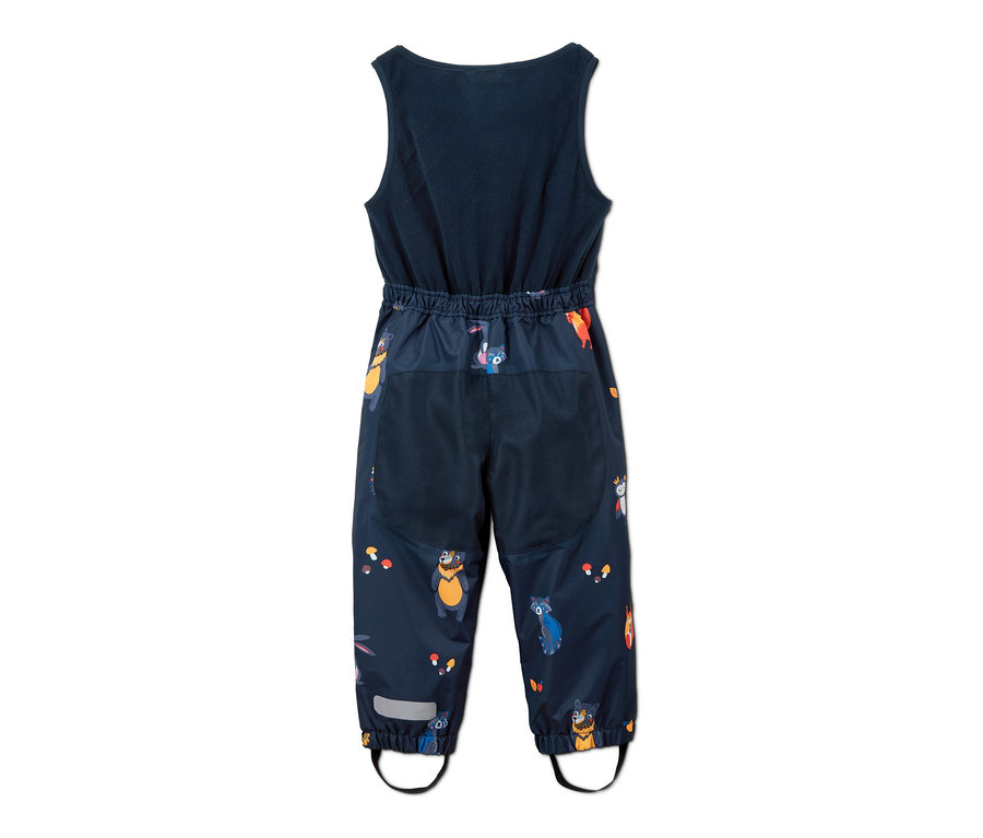Mehrfarbige Thermo-Regenhose mit Fleecelatz und Tiermuster.