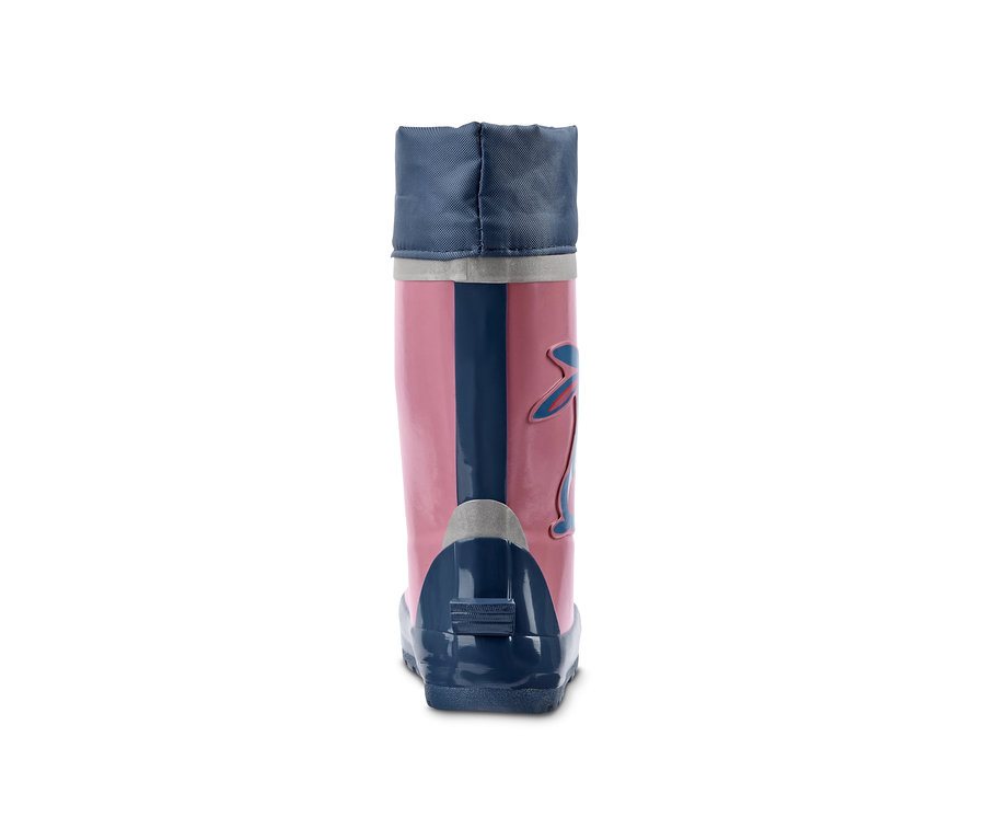 Detailansicht eines Gummistiefels, rosa mit Hasen-Print.