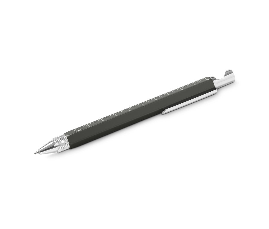 Ein schwarzer Multifunktions-Stift mit einer Skala auf einem weißen Hintergrund.