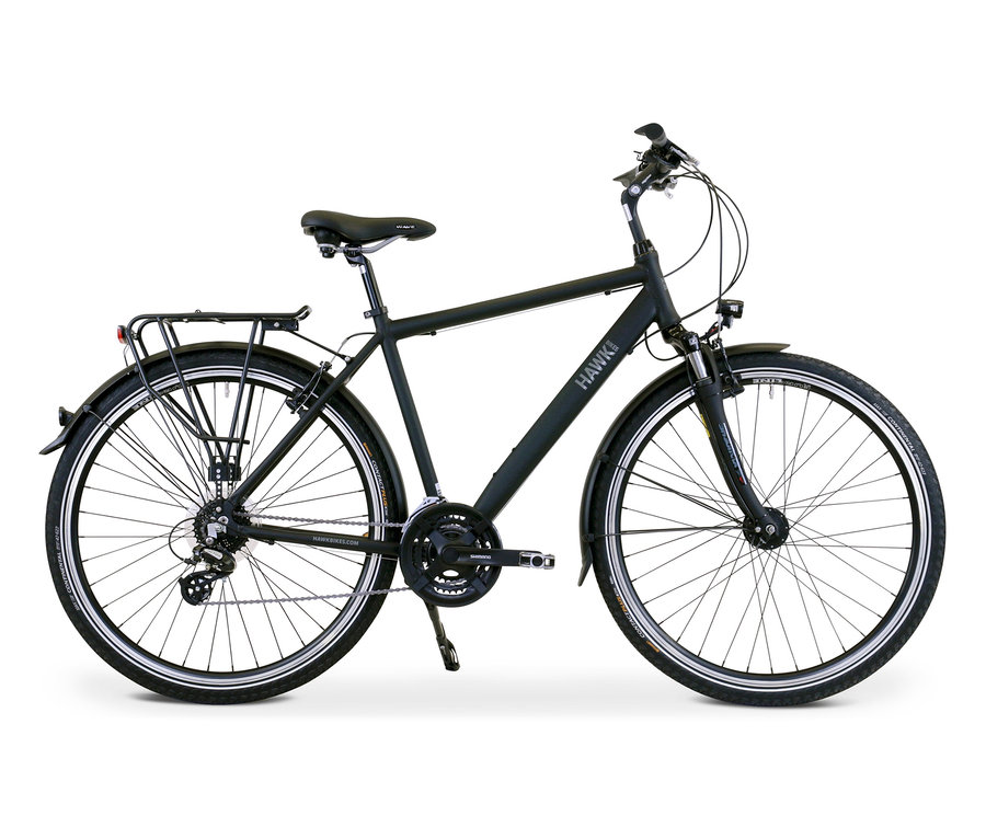 Schwarzes HAWK Bikes Herren-Trekkingrad »Trekking Gent Premium« steht vor einem weißen Hintergrund.