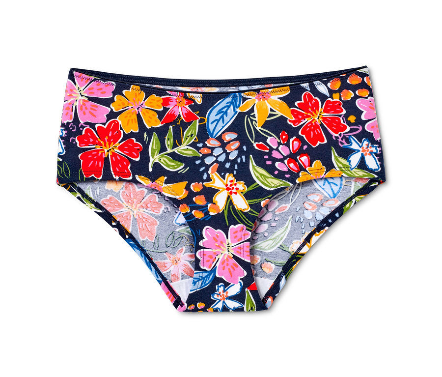 Nahaufnahme von einem Slip mit Blumenmuster, Teil eines 5er-Panty-Sets.