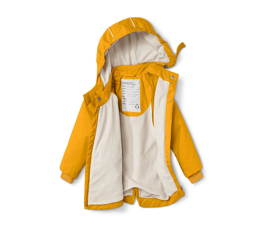 Offene, gelbe Thermo-Regenjacke mit Kapuze und weißem Futter.