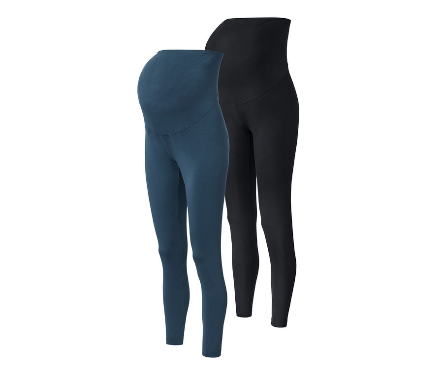 Zwei Umstands-Leggings, eine dunkelblaue und eine schwarze.