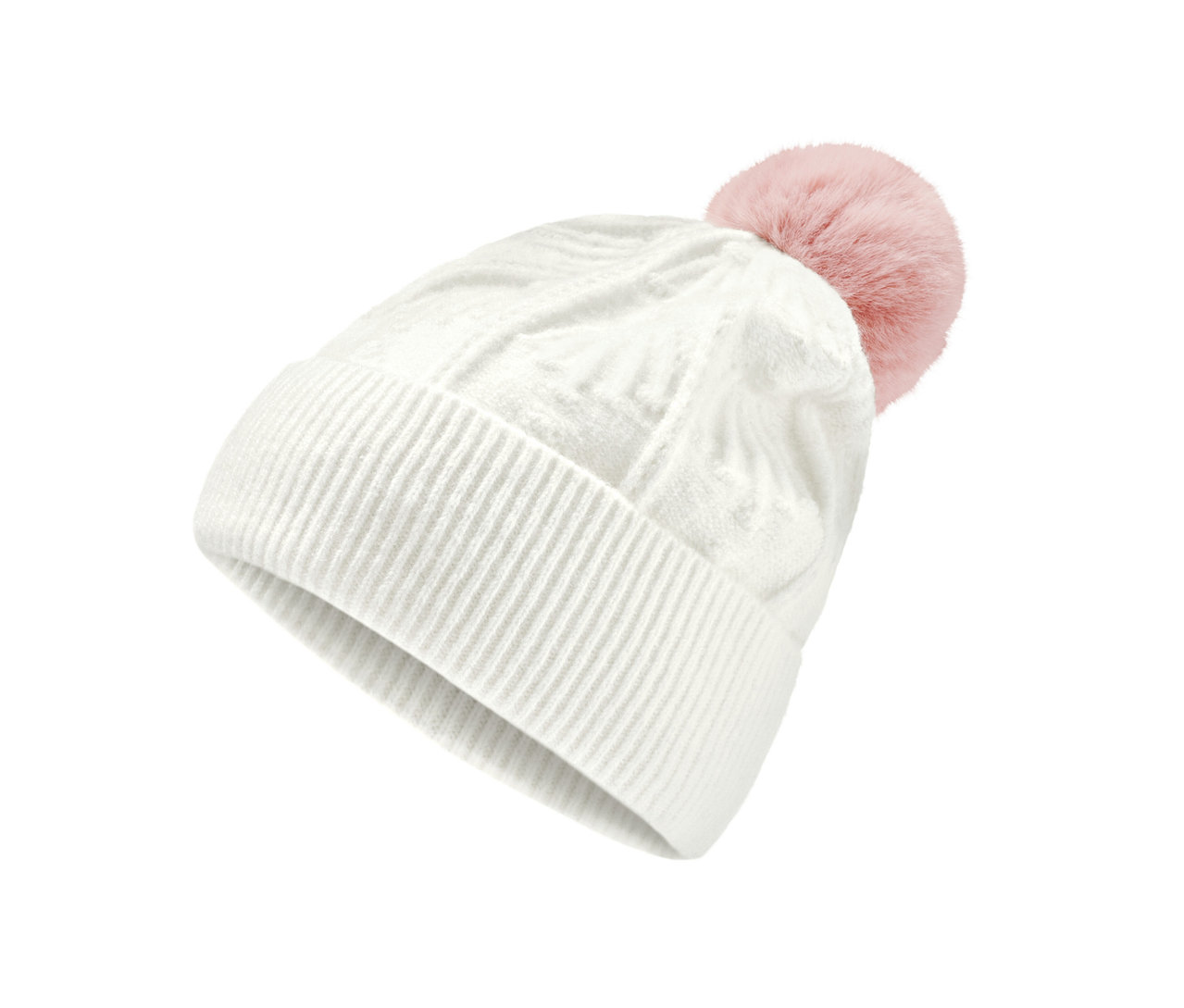 Weiße Strickmütze mit Bommel.