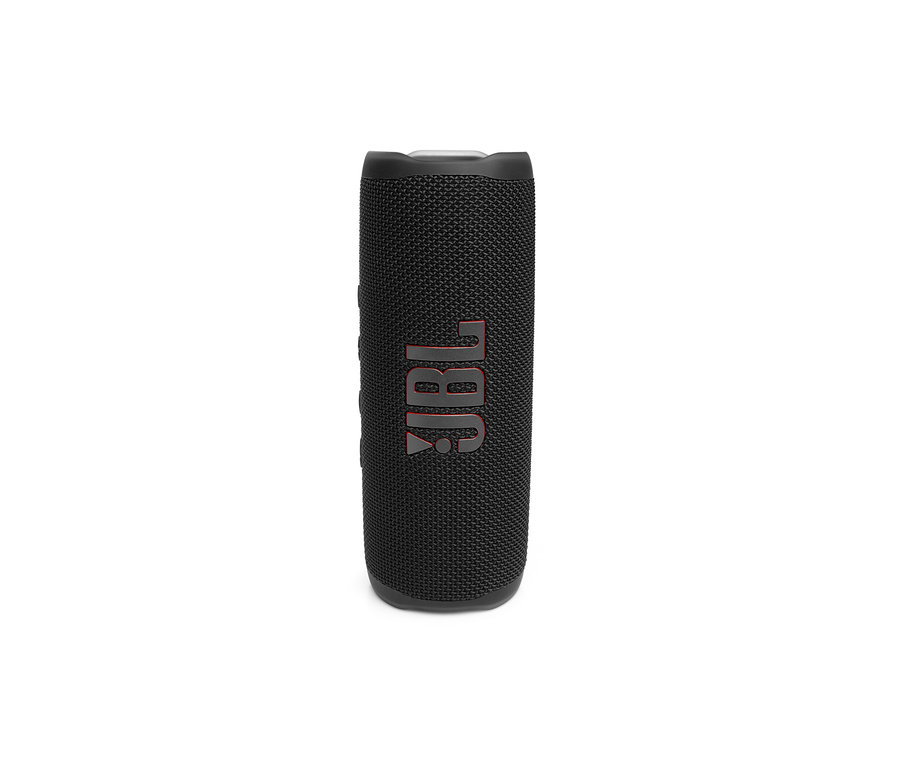 Schwarzer, wasserdichter JBL Flip 6 Lautsprecher auf weißem Hintergrund.