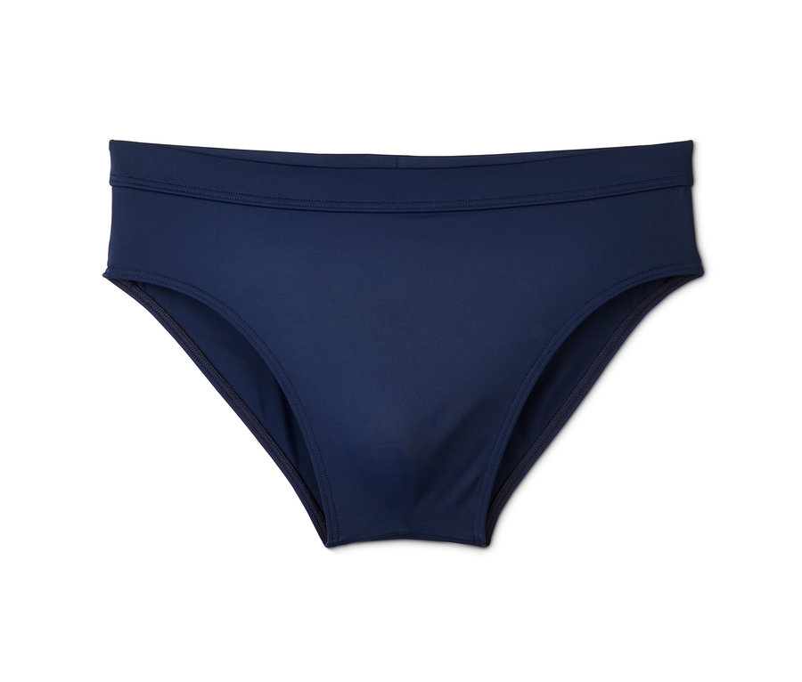 Eine dunkelblaue Badehose auf weißem Hintergrund.