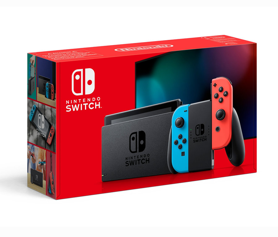 Verpackung der Nintendo Switch-Konsole mit Dockingstation und Joy-Cons.