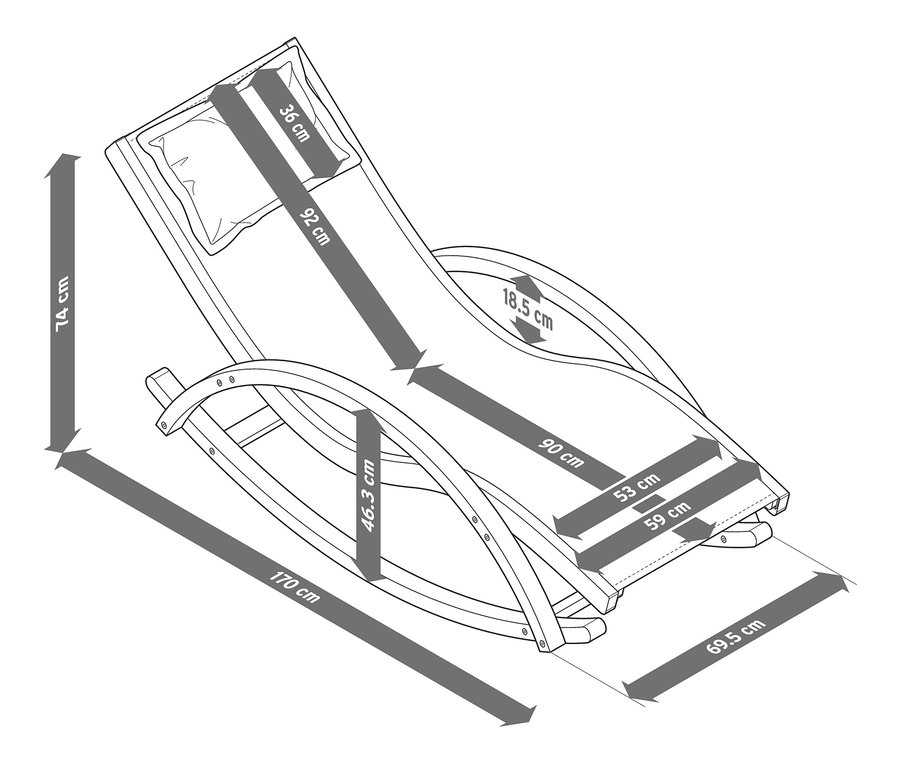 Abmessungen der Schaukelliege »Teak«: 74 cm Höhe, 170 cm Länge, Sitzbreite 59 cm.