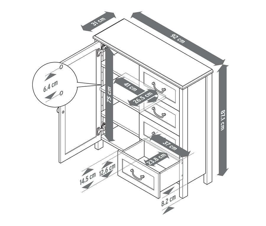 Illustration einer Kommode mit Tür und Schubladen mit hervorgehobenen Abmessungen.