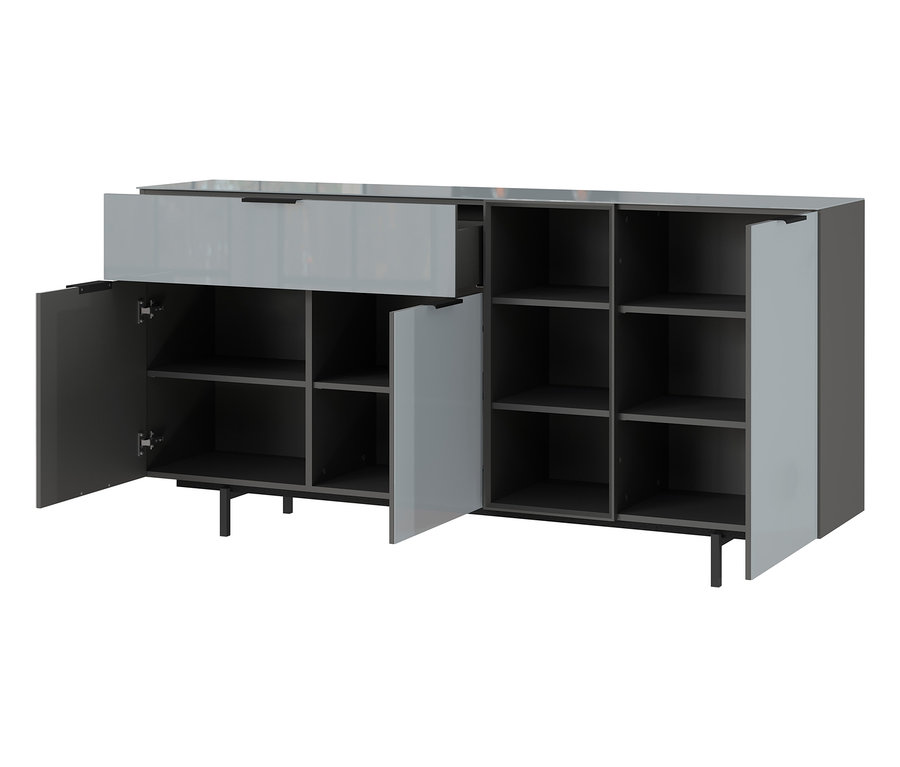 Frontansicht eines grauen Glas-Sideboards mit offenen Türen und Schublade.