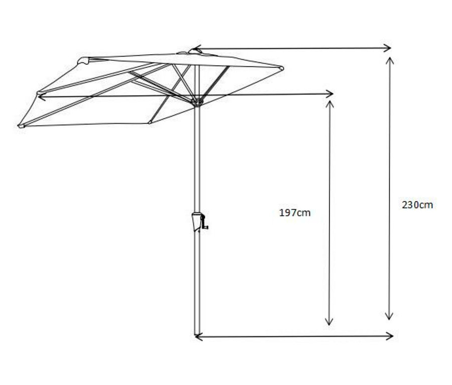 Eine schematische Darstellung von Leco halbrunden Balkon-Sonnenschirmen in Grau und Türkis, jeweils mit Maßangaben.