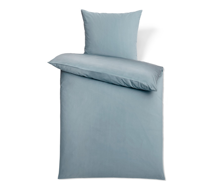 Hellblaue Premium-Seiden-Baumwoll-Bettwäsche in Normalgröße, bestehend aus Kissen und Bettbezug.