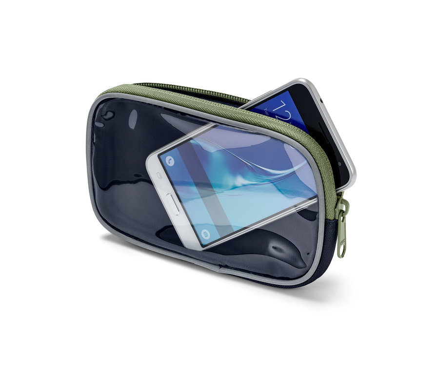 Zwei Mobiltelefone in einer Multifunktionstasche mit Sichtfenster.