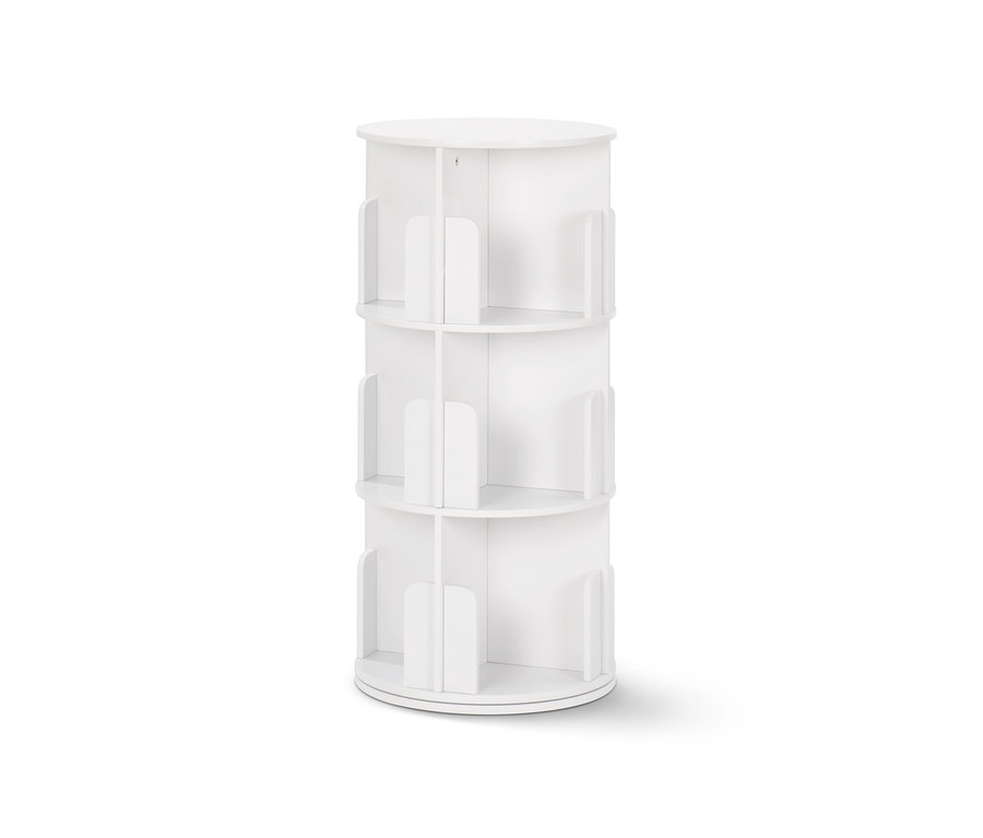 Ein weißes, drehbares Bücherregal mit vier Regalböden.