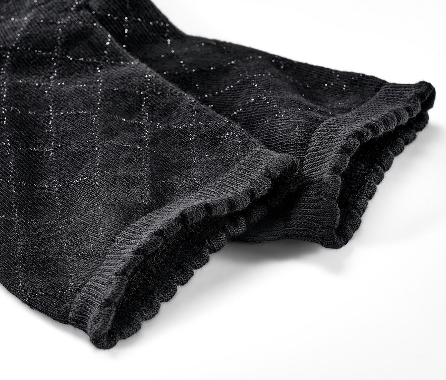 Detailansicht von schwarzen Glitzersocken. 3 Paar Socken mit Glitzergarn.