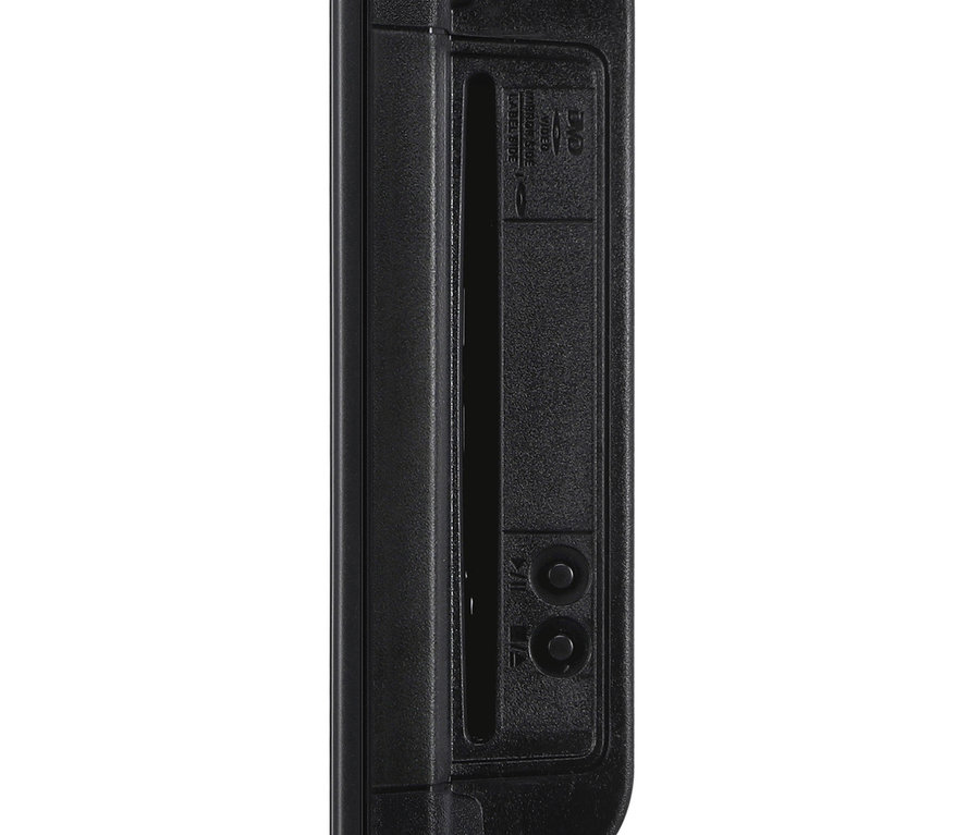 Detailansicht der Seite eines schwarzen Lenco 24"-HD-LED-TV mit DVD-Player, der den DVD-Schlitz und die Bedientasten zeigt.