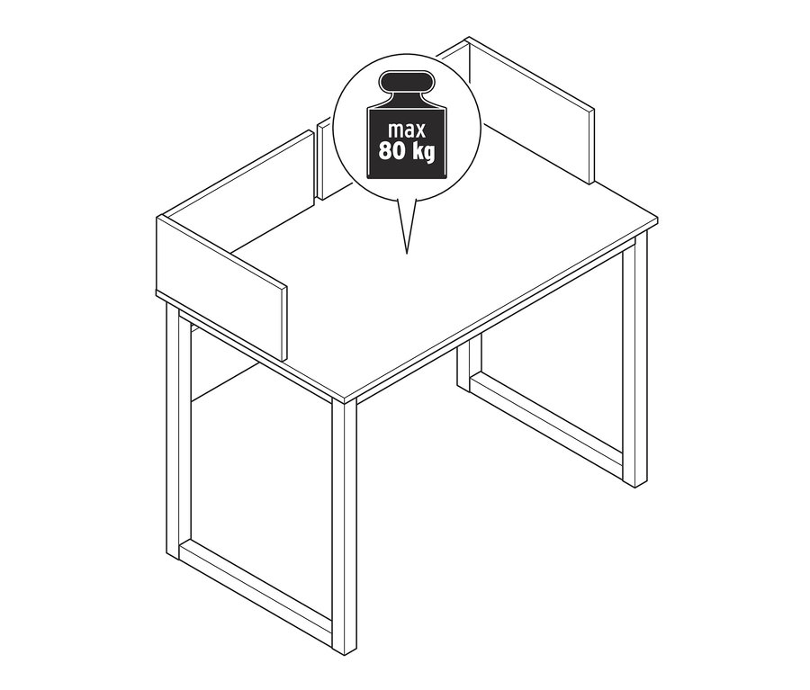 Eine Zeichnung eines grauen und weißen Sekretärs mit seitlicher Umrandung. Die maximale Traglast beträgt 80 kg.