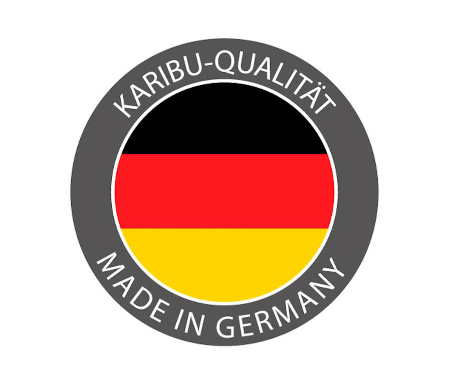Logo Karibu-Qualität Made in Germany mit Deutschlandflagge.