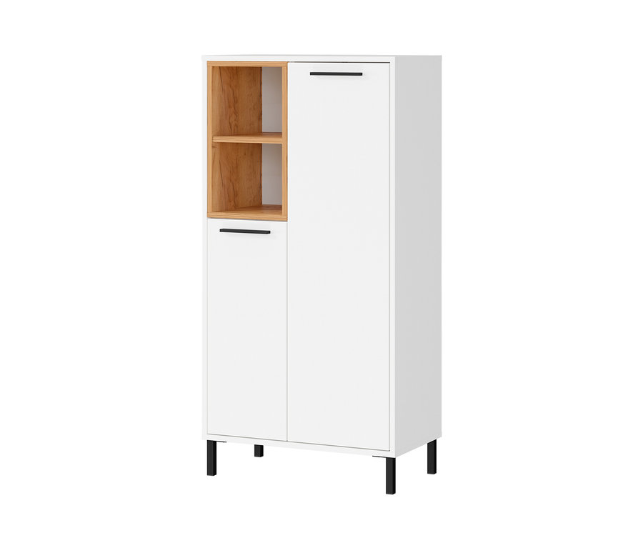 Weisse Kommode »Loria« mit zwei Türen und offenem Regal mit Holzdekor.