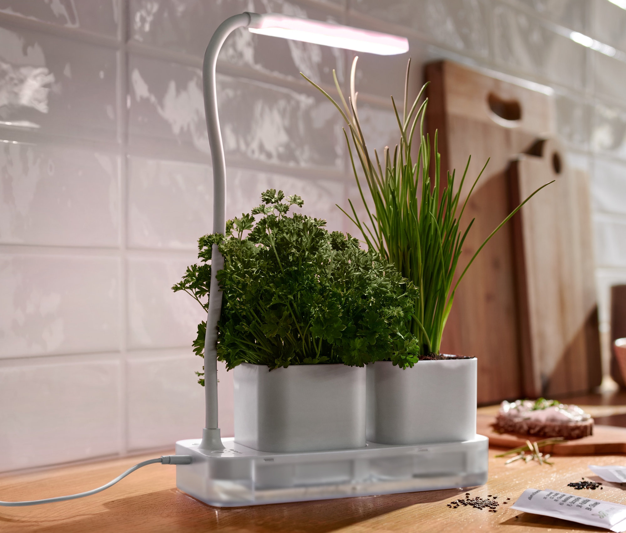 Gewächslampe mit Töpfen steht auf einer Küchentheke.