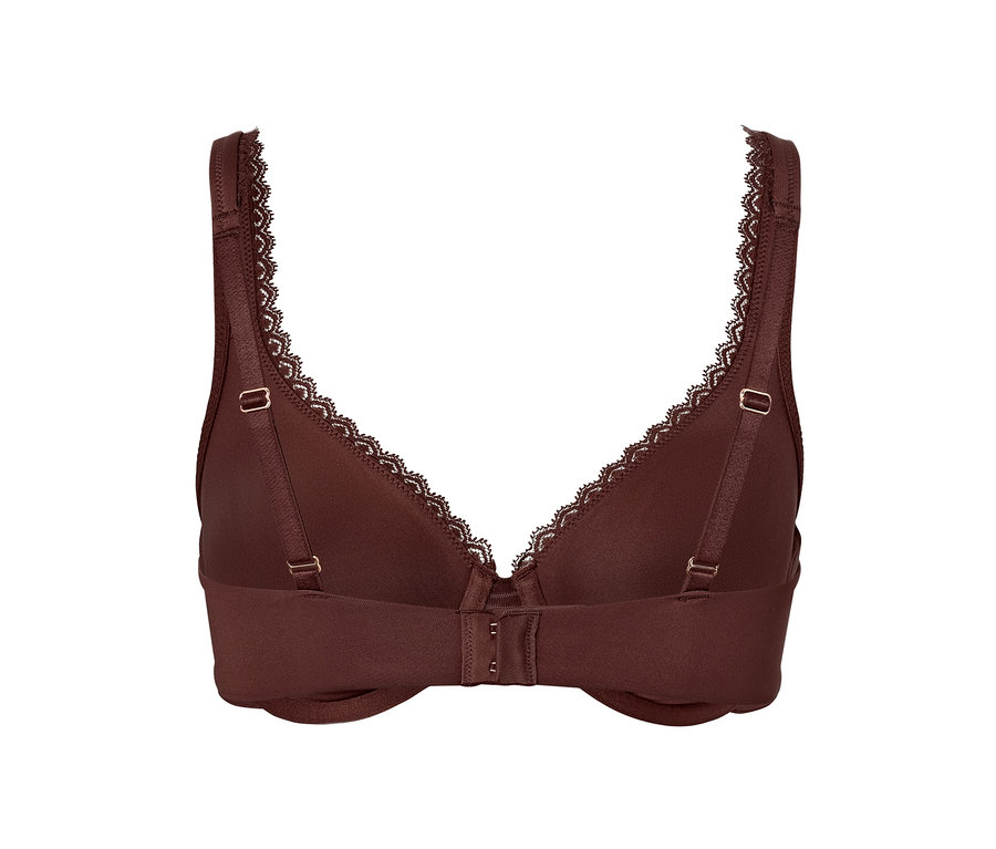 Detailansicht eines braunen Bügel-BHs mit Spitze.