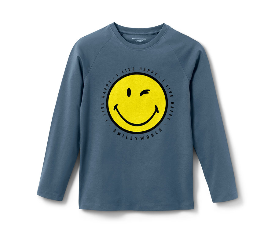 Blauer Kinderpyjama »Smiley« mit gelbem Smiley-Aufdruck und langen Ärmeln.