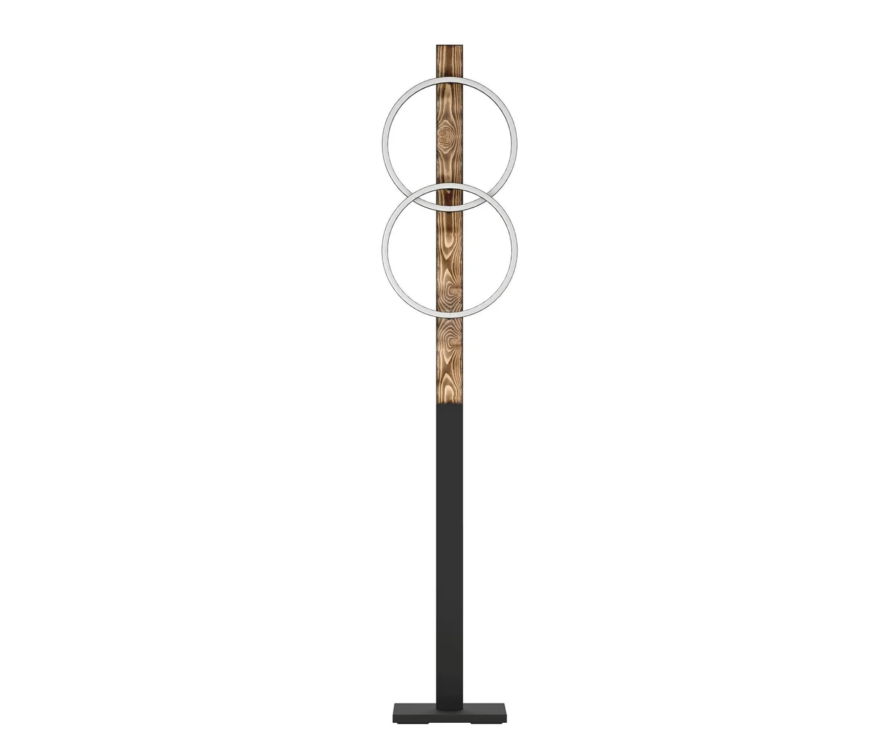 Eglo LED-Stehleuchte »Boyal« mit Holzsäule und zwei runden LED-Leuchten.