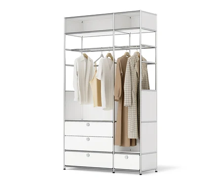 Kommode Metall »CN3« mit 2 Kleiderstangen und 4 Schubladen und Kleidung.