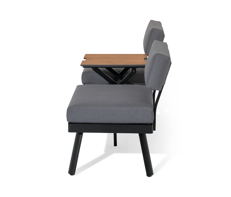 Seitenansicht eines grauen 2-in-1-Sofa-Liege mit hochklappbarem Mitteltisch.