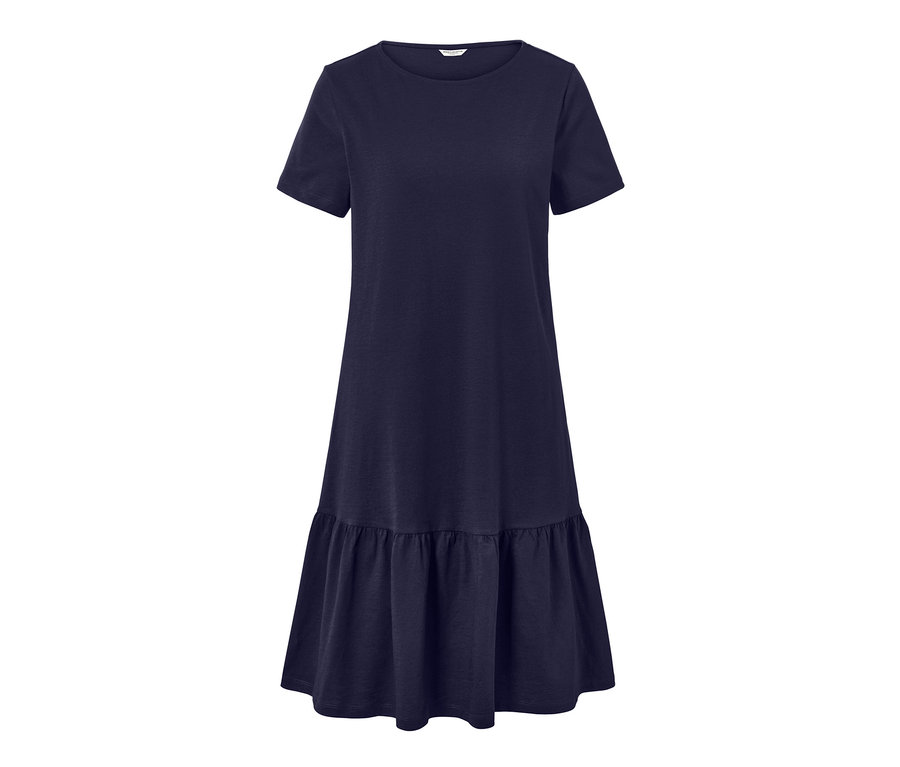 Dunkelblaues Jerseykleid mit Volant.