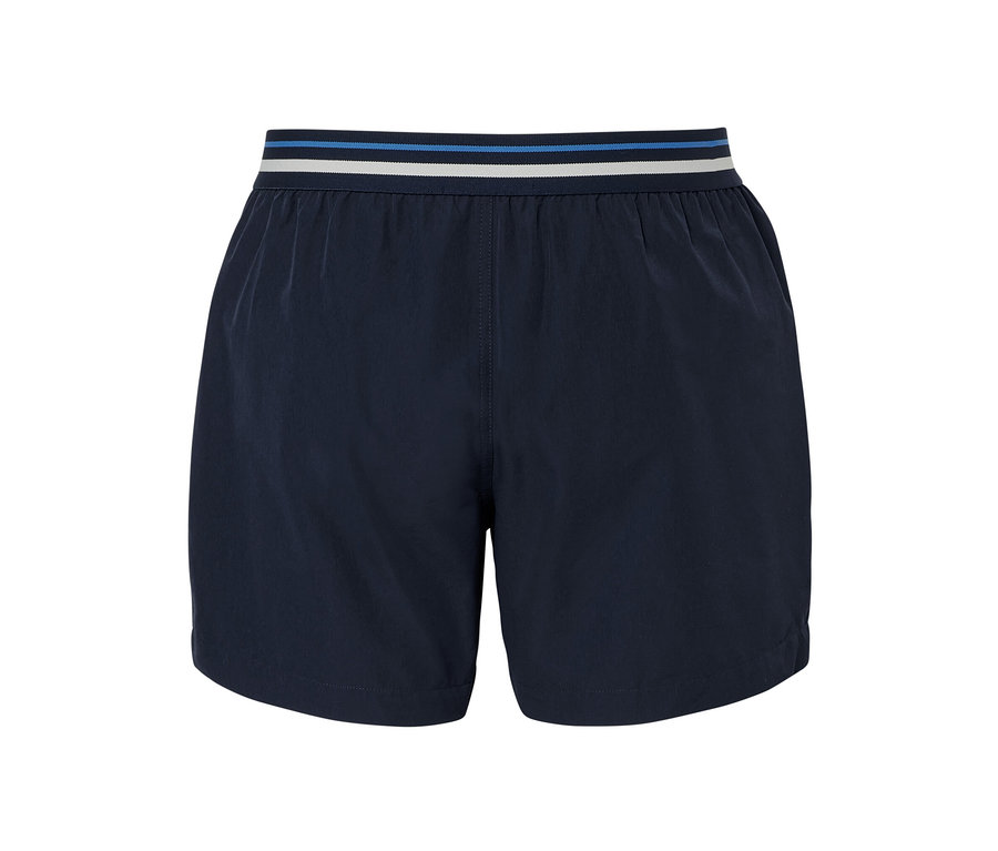 Dunkelblaue Badeshorts mit gestreiftem Bund.