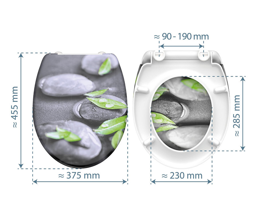 Abmessungen des Duroplast WC-Sitz Stone werden in geöffneter und geschlossener Position dargestellt.