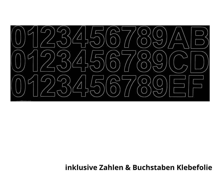 Schwarzer Hintergrund mit weißen Ziffern und Buchstaben.