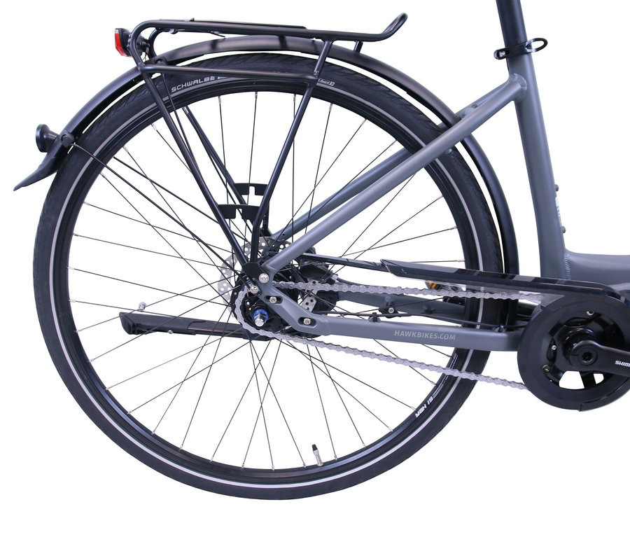 Detailansicht eines grauen HAWK Bikes E-Bike Damen »eCity Wave Integrated Lady STEPS« mit 28 Zoll und 44-cm-Rahmen.