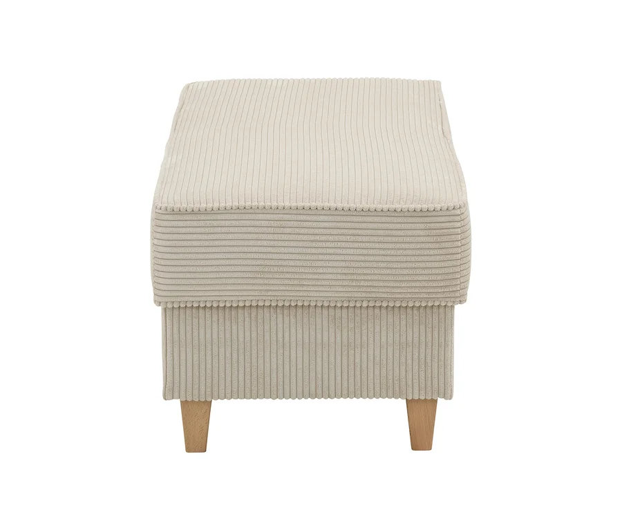 Beige aufklappbare Hockerbank mit Stauraum aus Cordstoff.