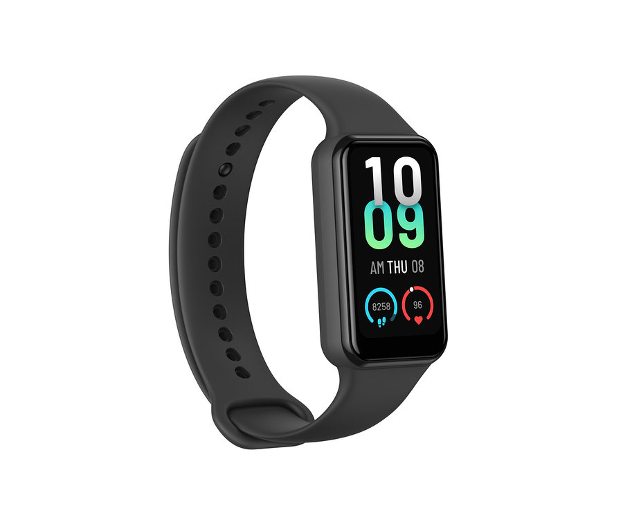Schwarzes Armband mit einer Anzeige, die die Uhrzeit 10:09 anzeigt. Amazfit Band 7 Aktivitätstracker, schwarz