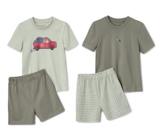 1x khaki mit Blaubeer-Print, 1x mintgrün mit Auto-Print