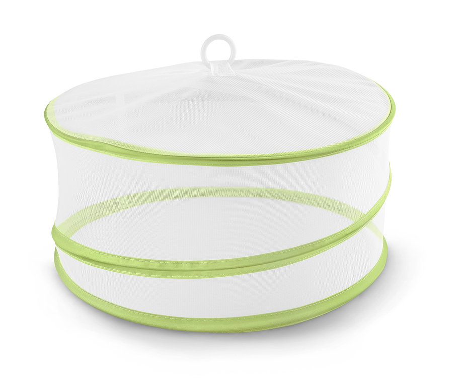 Weiße faltbare Abdeckhaube mit hellgrünem Rand.