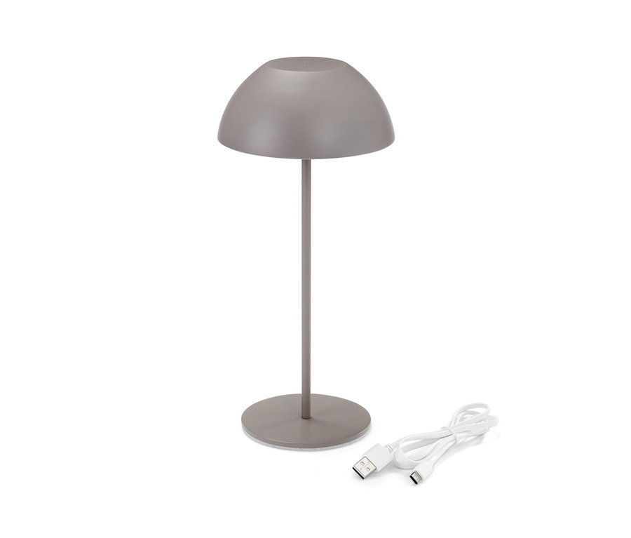 Eine graue LED-Akku-Tischleuchte mit Ladekabel.