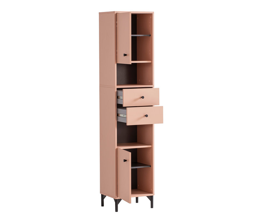 Ein rosa »Smash« Hochschrank mit zwei Schubladen und Regalen.