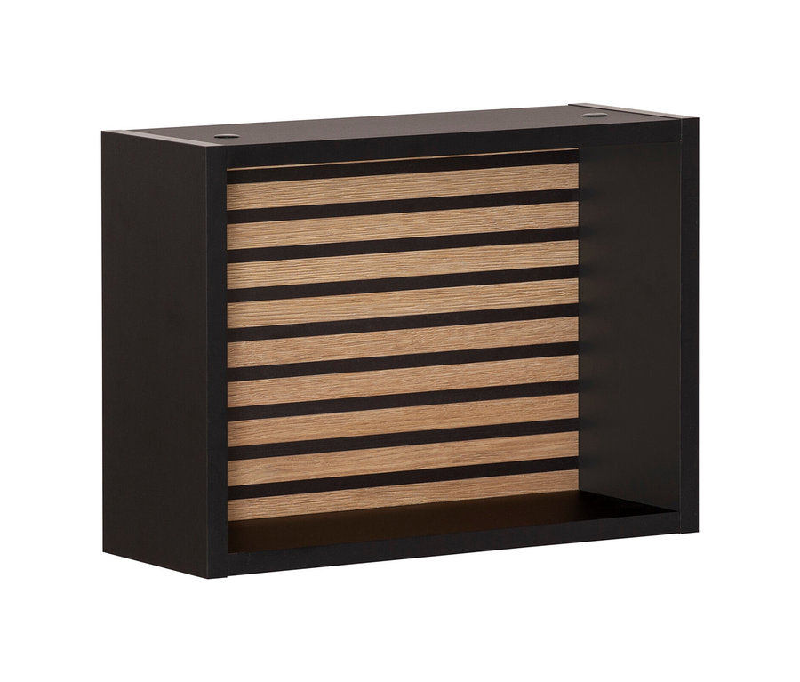 Schwarzes, mattes Regal "Ekko" mit Holzlamellen.