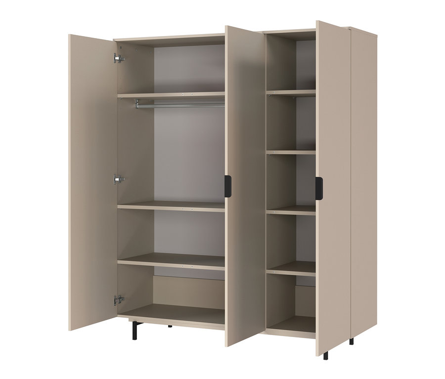 Geöffneter 3-türiger Kleiderschrank »Tomino« mit Regalen und Kleiderstange.